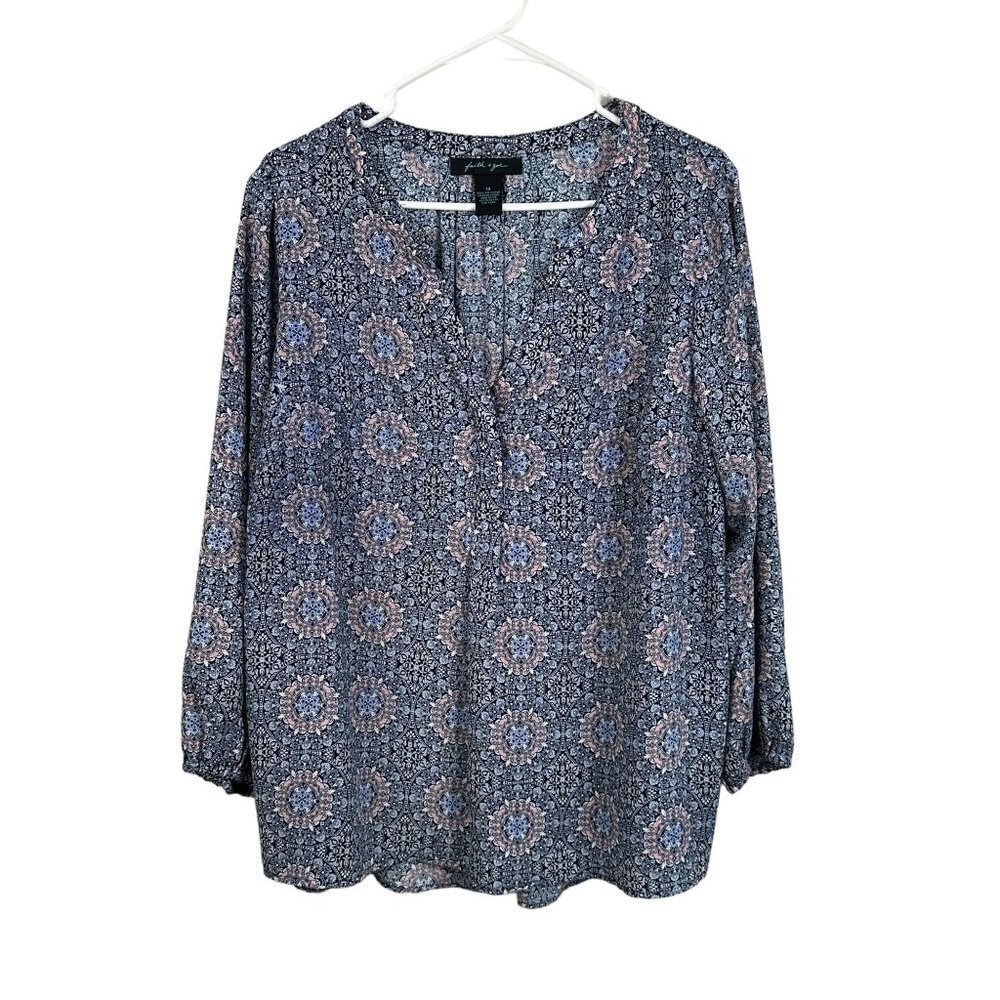 Faith & Zoe, geometric, mandala, blue & pink‎ women's blouse, 1X